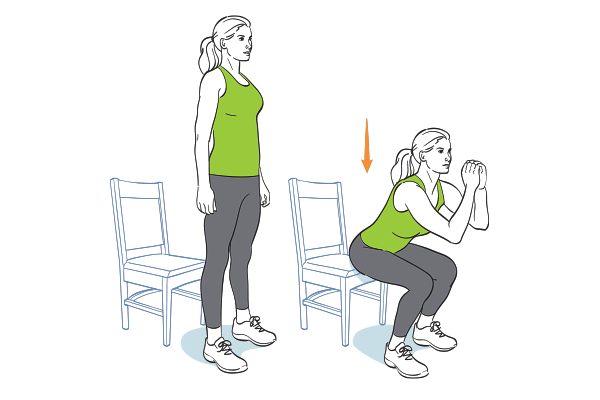 جدول تمارين السكوات لتكبير المؤخرة Sit-to-stand squat تمرين السكوات بالجلوس على الكرسي
